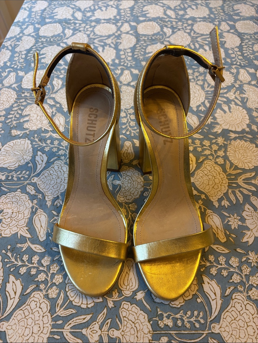 SCHUTZ Cadey Lee Gold Metallic Ankle-Strap Block Heel Sandals, size 8